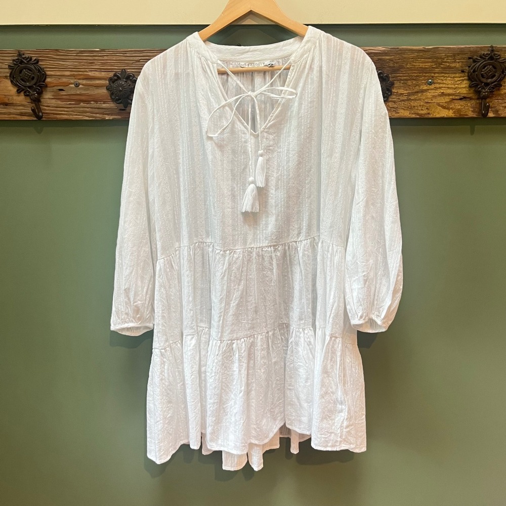 Seafolly Australia White Cotton Tiered Tassel Tie Mini Dress Cover Up M/L